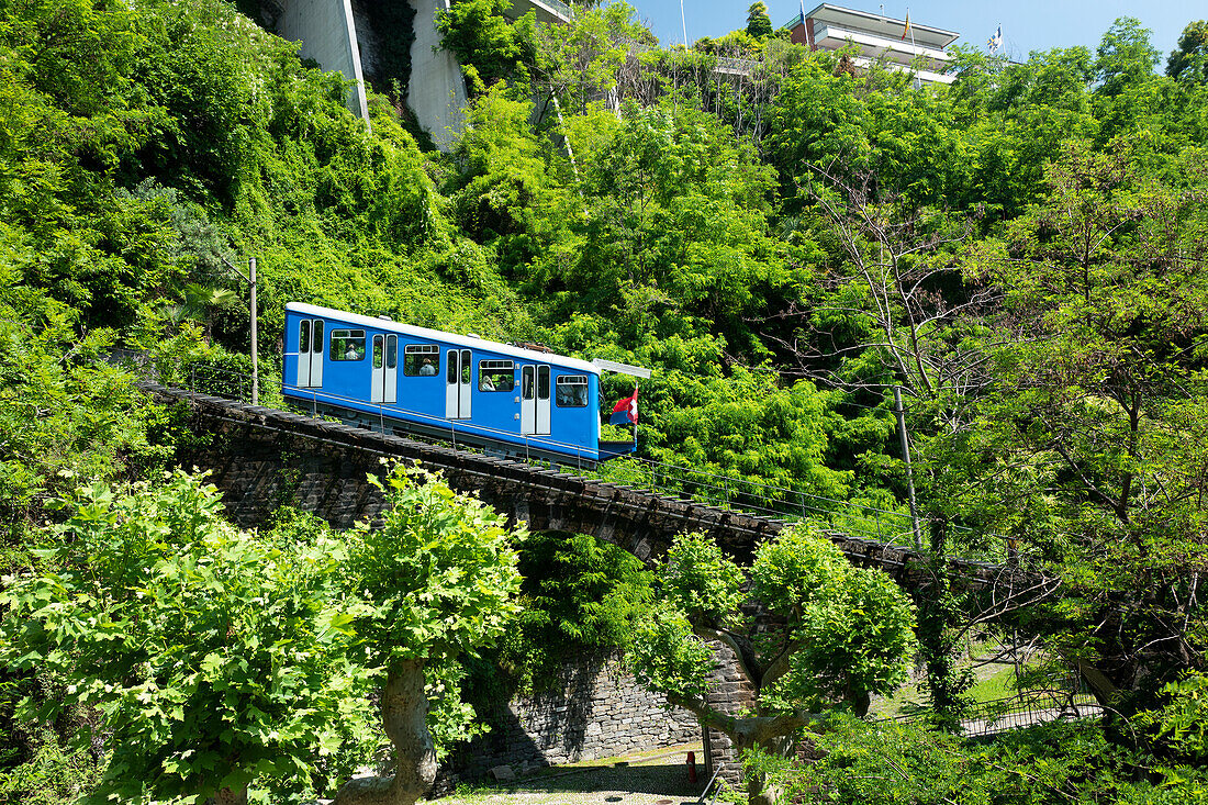 The funicular railway to the sanctuary of Madonna del Sasso, Locarno, Ticino, Switzerland, Europe\n