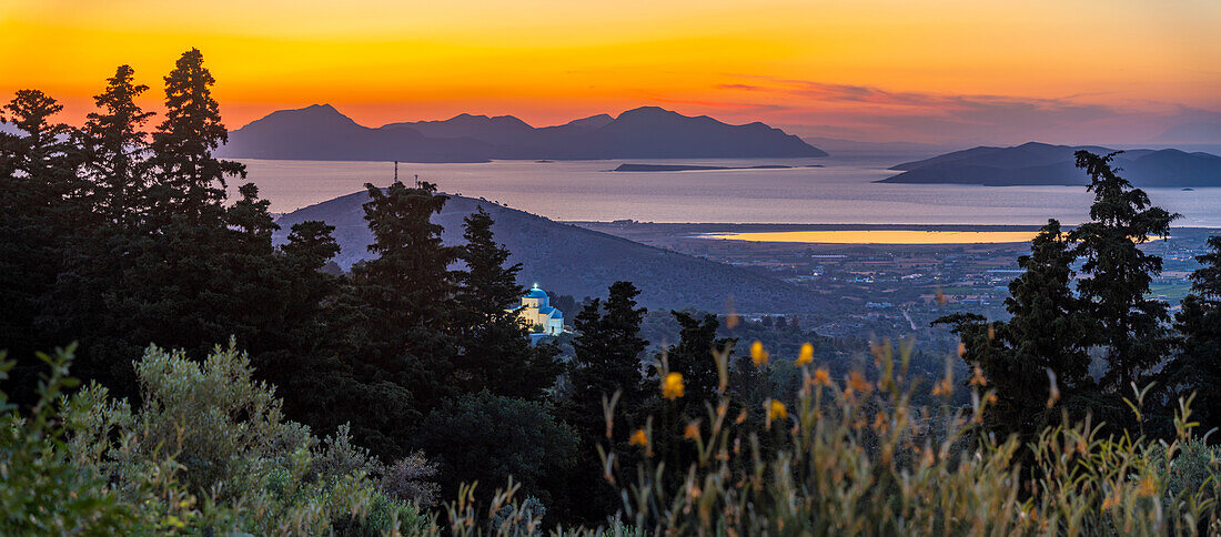 View of Kos Island and Greek Orthodox church from Zia Sunset View at sunset, Zia Village, Kos Town, Kos, Dodecanese, Greek Islands, Greece, Europe\n