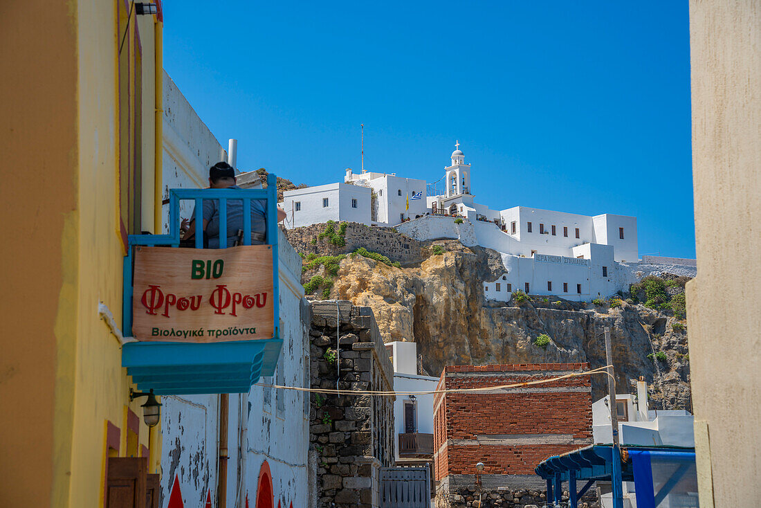 View of Virgin Mary Spiliani Monastery above the town of Mandraki, Mandraki, Nisyros, Dodecanese, Greek Islands, Greece, Europe\n