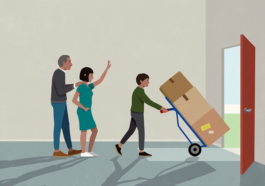 Parents waving goodbye to college son moving boxes\n