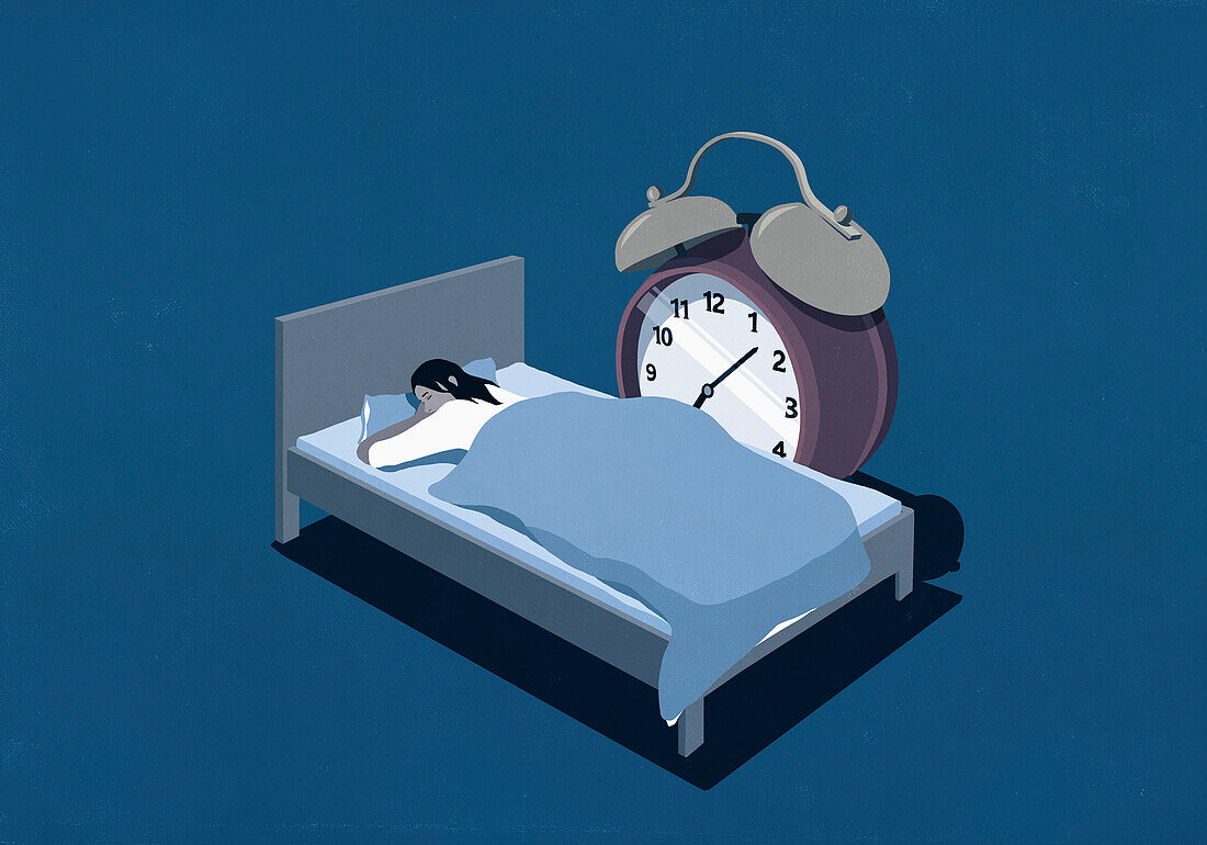 Large alarm clock next to woman sleeping in bed\n