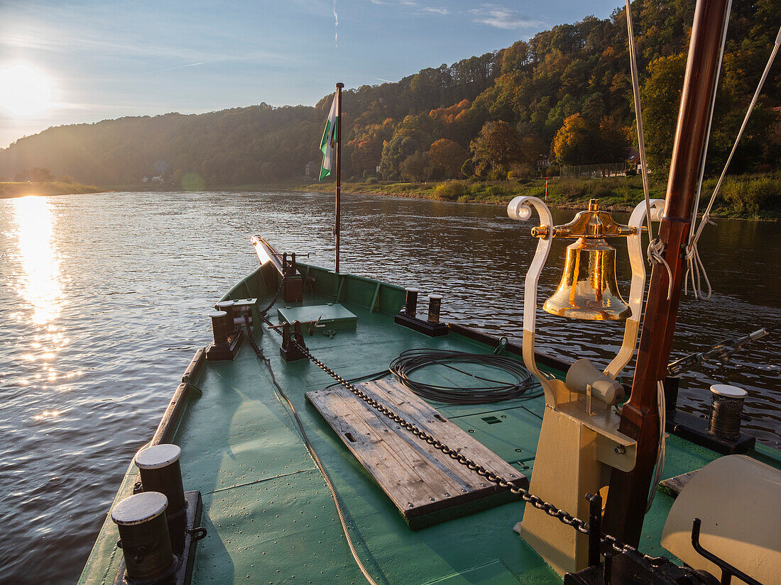 View on a steamboat on the Elbe River in Saxon Switzerland National Park, Saxony, Germany, Europe\n