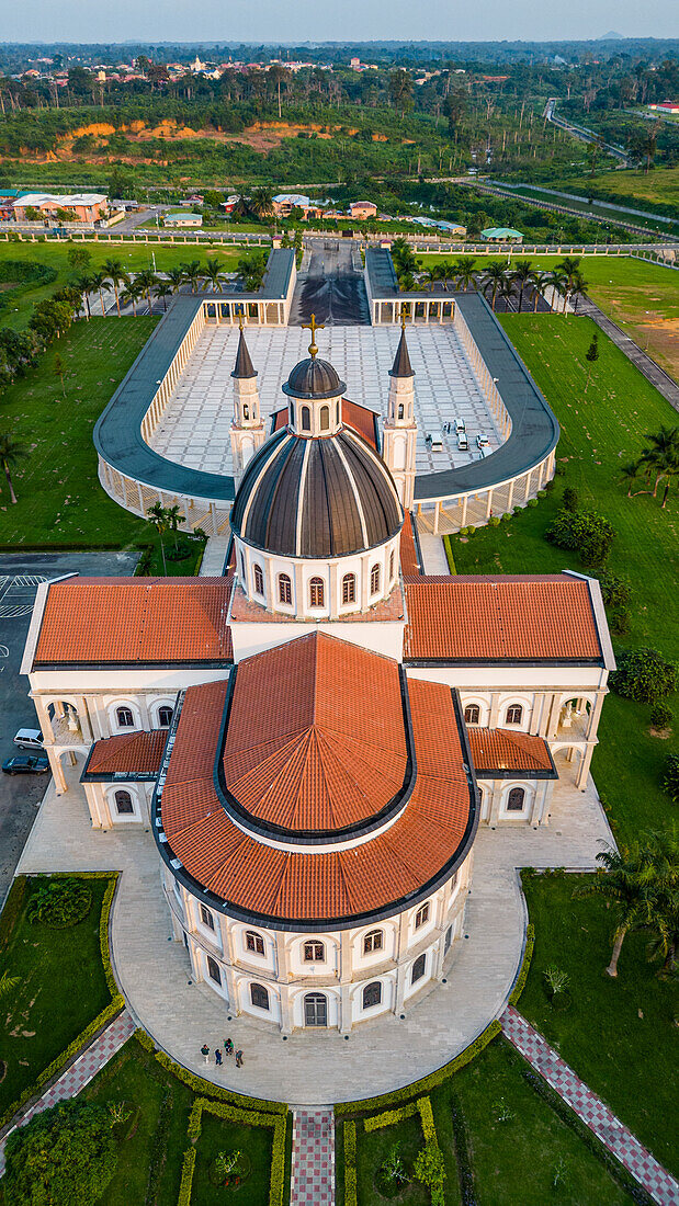 Aerial of the Basilica of the Immaculate Conception, Mongomo, Rio Muni, Equatorial Guinea, Africa\n