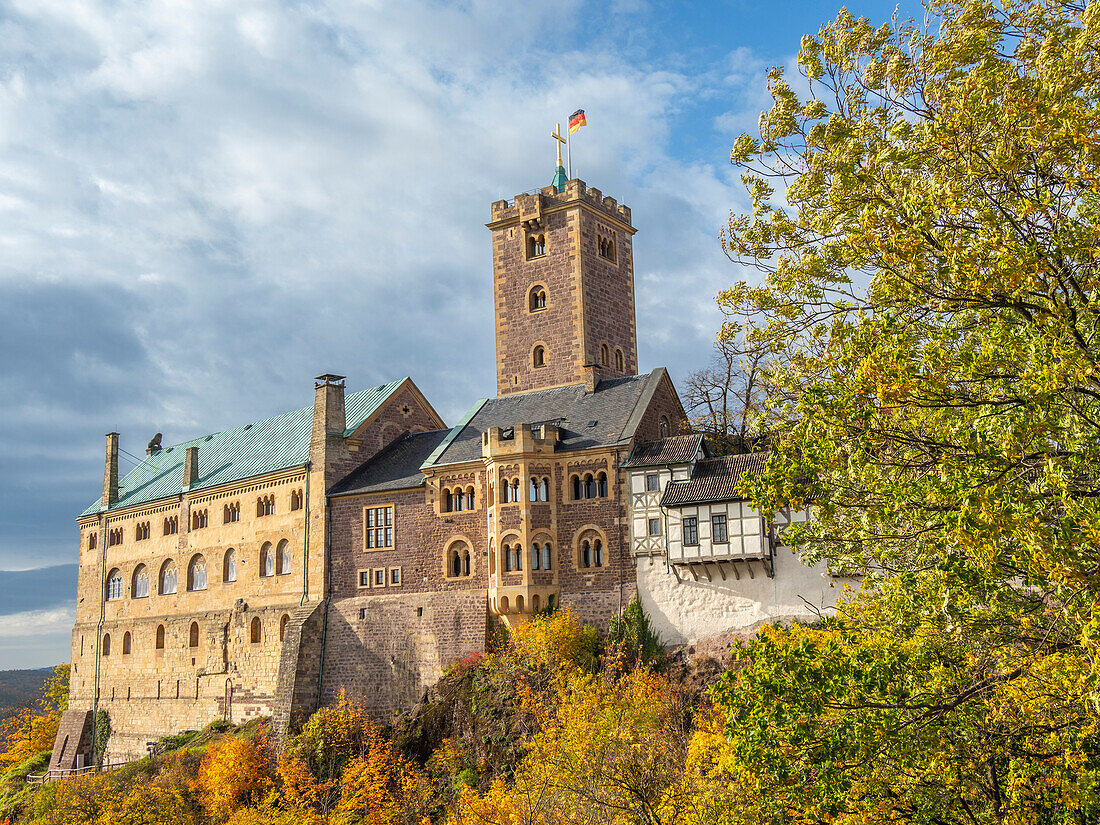 Exterior view of Wartburg Castle whose foundation was laid in 1067, UNESCO World Heritage Site, Eisenach, Thuringia, Germany, Europe\n