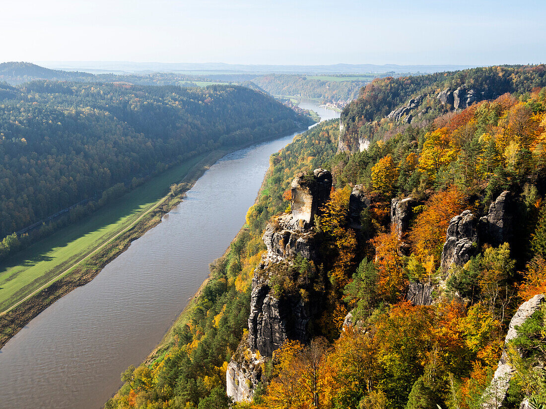 A view of the rocky outcrop overlooking the Elbe River in Saxon Switzerland National Park, Saxony, Germany, Europe\n