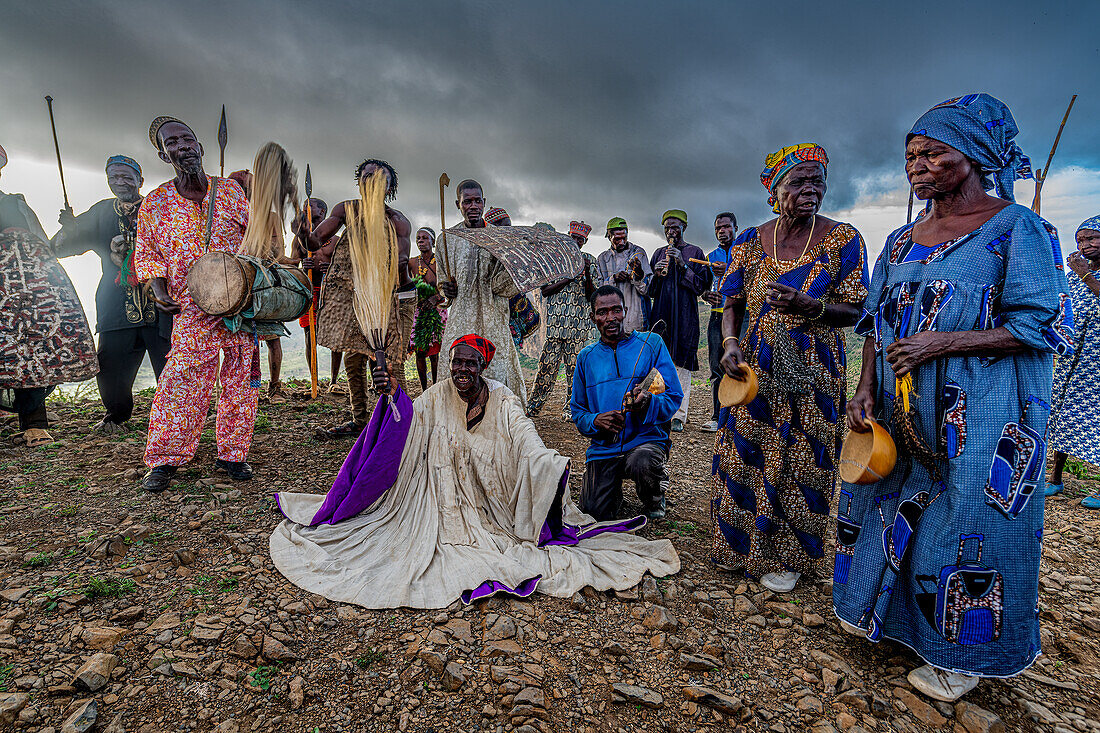 Kapsiki tribal people practising a traditional dance, Rhumsiki, Mandara mountains, Far North province, Cameroon, Africa\n