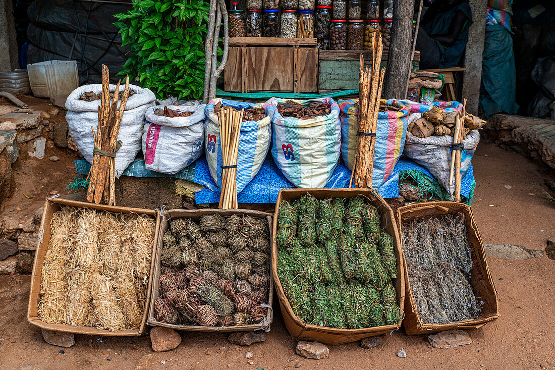 Local roots and leaves, traditional medicine market, Garoua, Northern Cameroon, Africa\n