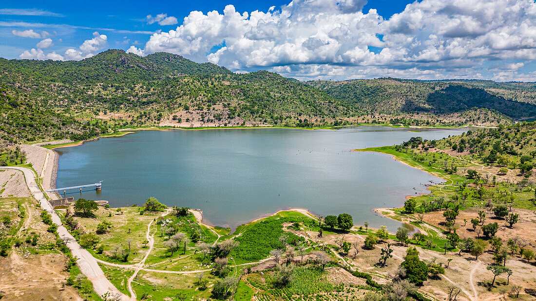 Aerial of the artificial lake near Zahoura, Northern Cameroon, Africa\n