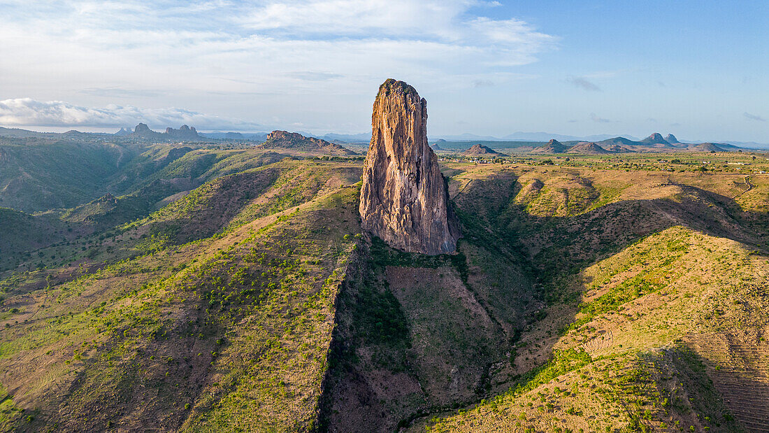 Aerial of Rhumsiki peak in the lunar landscape of Rhumsiki, Mandara mountains, Far North province, Cameroon, Africa\n