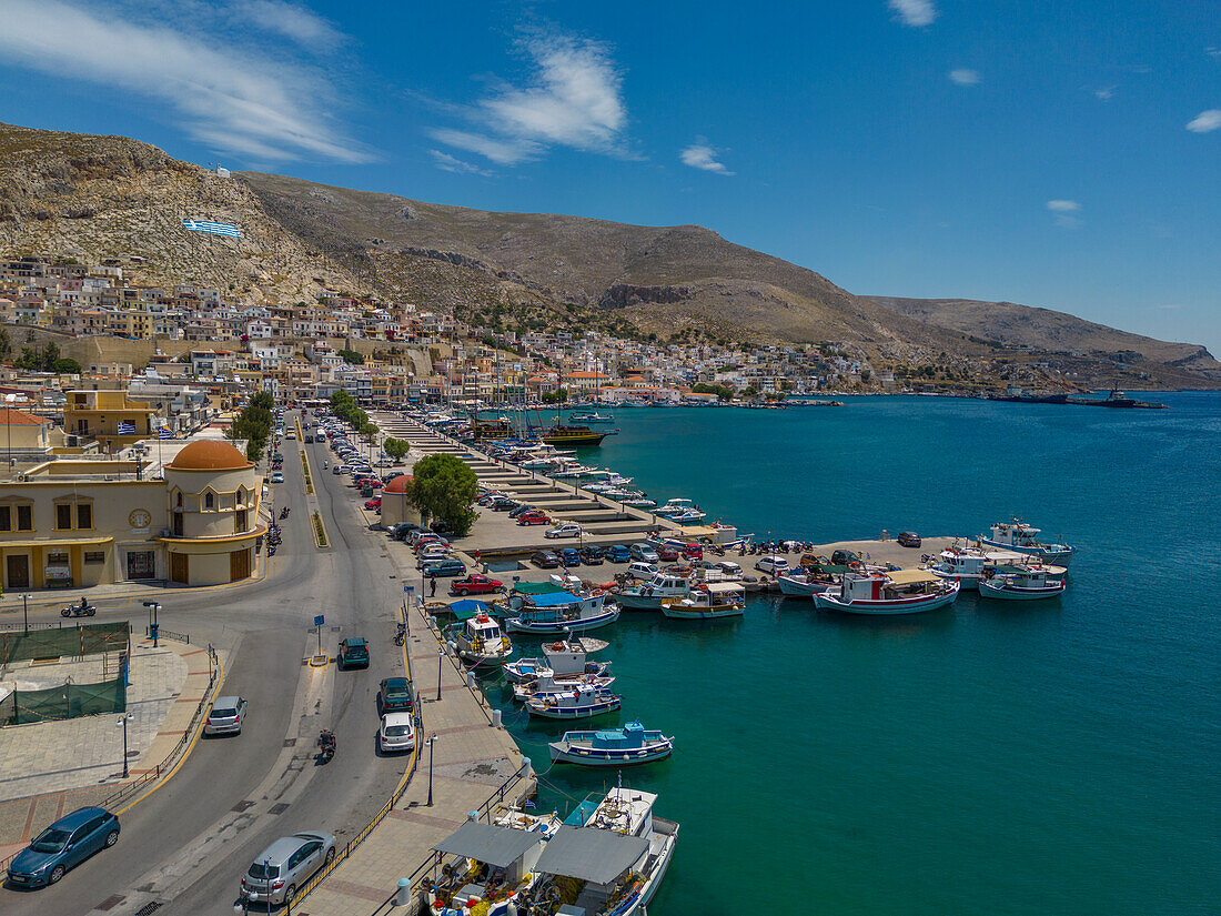 Aerial view of Kalimnos town, Kalimnos, Dodecanese Islands, Greek Islands, Greece, Europe\n