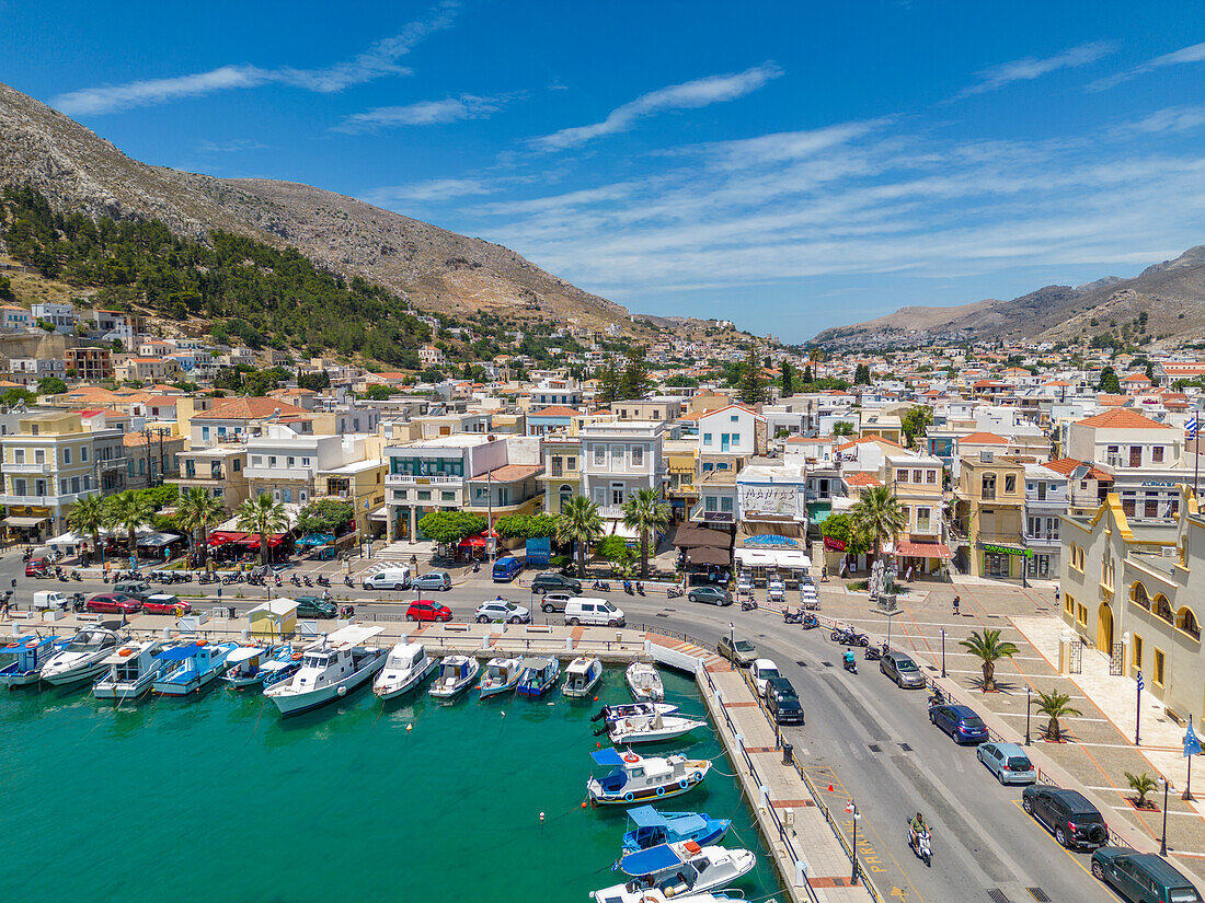 Aerial view of Kalimnos town, Kalimnos, Dodecanese Islands, Greek Islands, Greece, Europe\n