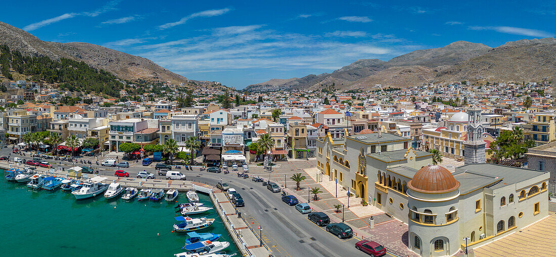 Aerial view of Kalimnos town, Kalimnos, Dodecanese Islands, Greek Islands, Greece, Europe\n