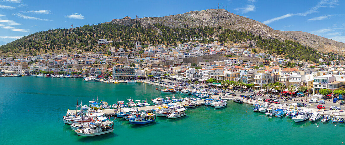 Aerial view of Kalimnos town, Kalimnos, Dodecanese Islands, Greek Islands, Greece, Europe\n