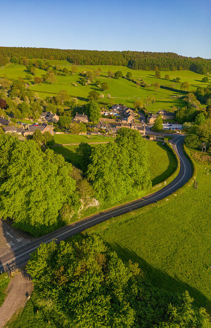 Aerial view of Beeley village, Peak District National Park, Derbyshire, England, United Kingdom, Europe\n