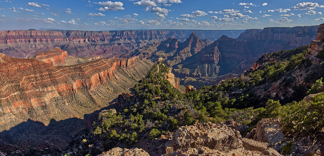 South Rim in the distance viewed from Cape Final on the North Rim with Freya's Castle just right of center, Grand Canyon National Park, UNESCO World Heritage Site, Arizona, United States of America, North America\n