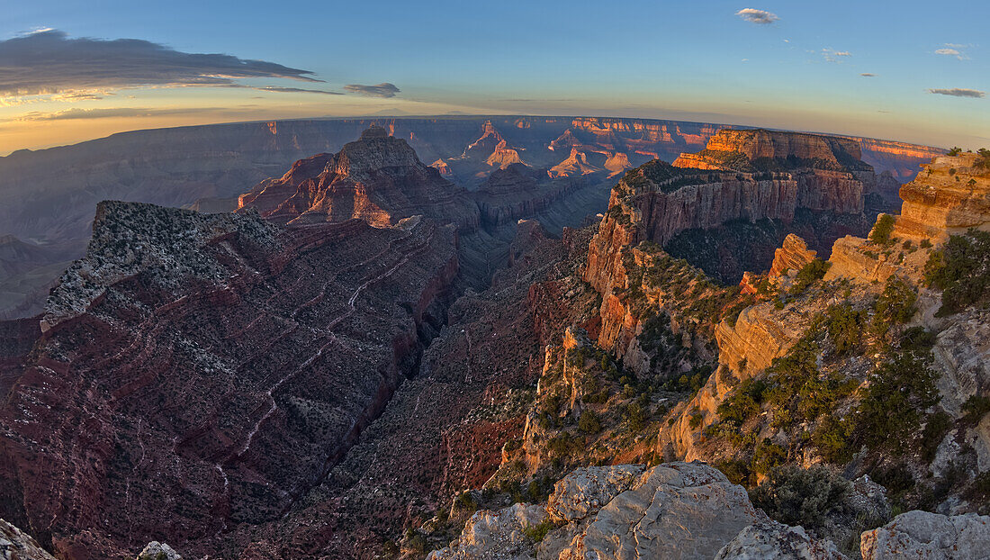 View of Freya's Castle and Vishnu Temple on the left and Wotan's Throne on the right at sunrise viewed from Cape Royal, North Rim, Grand Canyon National Park, UNESCO World Heritage Site, Arizona, United States of America, North America\n