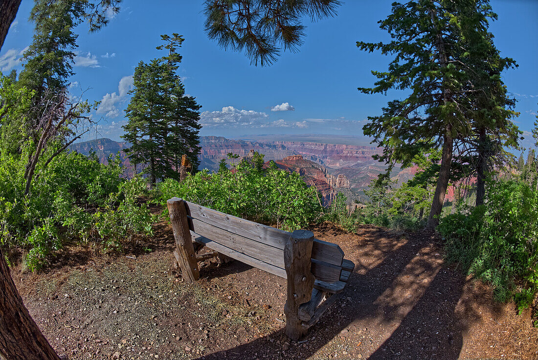 Eine Bank mit Blick auf den Grand Canyon North Rim vom Vista Encantada Picknickplatz, Grand Canyon National Park, UNESCO Weltkulturerbe, Arizona, Vereinigte Staaten von Amerika, Nordamerika