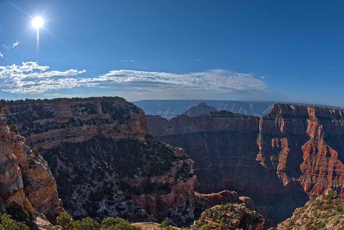 Grand Canyon viewed from the cliffs of Walhalla Glades on the North Rim, with Cape Royal on left, Vishnu Temple in the center, and Wotan's Throne on right, Grand Canyon National Park, UNESCO World Heritage Site, Arizona, United States of America, North America\n