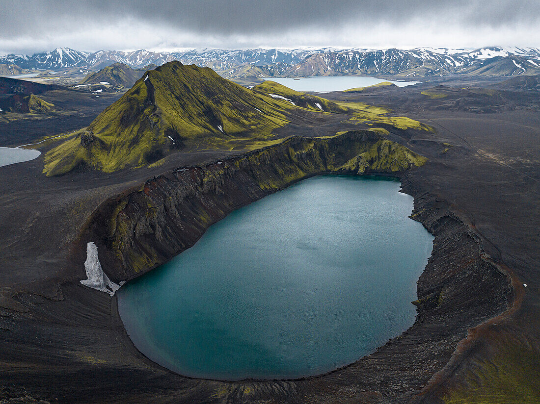 Aerial view taken by drone of Landmannalaugar mountain on a cloudy summer day, Iceland, Polar Regions\n