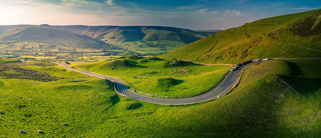 Aerial view of road to Edale, Vale of Edale, Peak District National Park, Derbyshire, England, United Kingdom, Europe\n