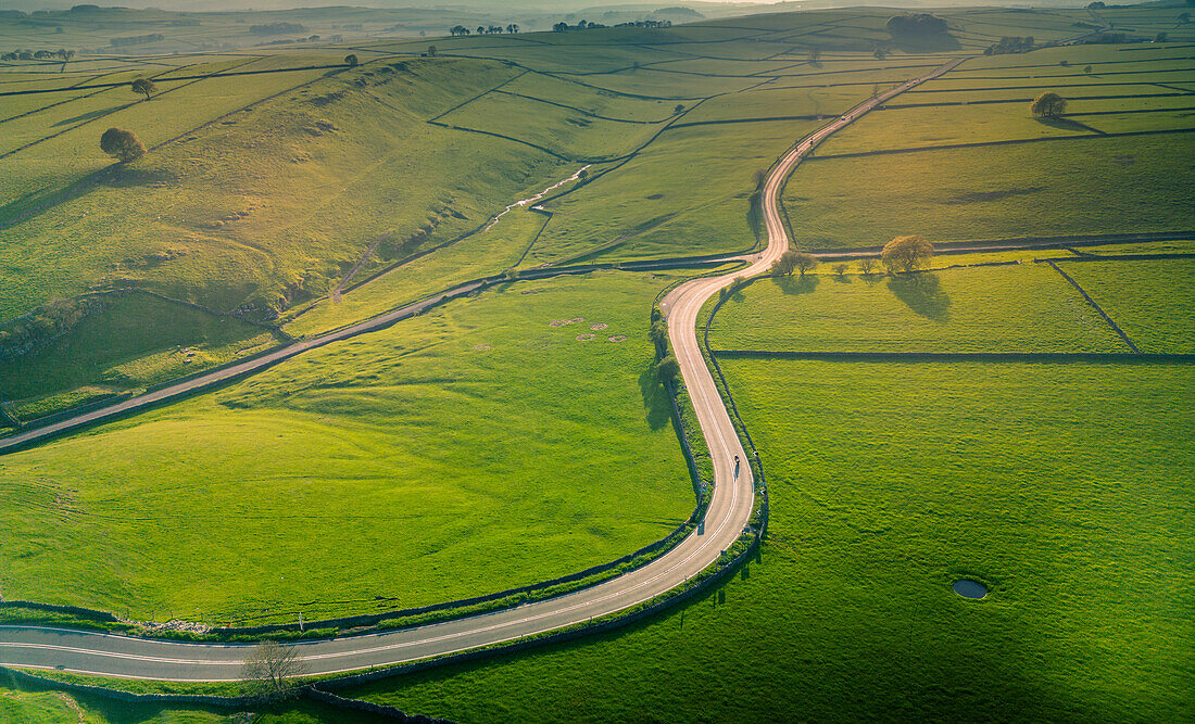 Aerial view of A623 near Tideswell, Peak District National Park, Derbyshire, England, United Kingdom, Europe\n