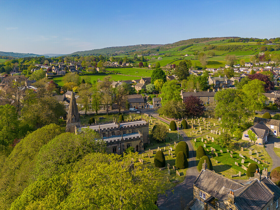 Aerial view of Baslow village, Peak District National Park, Derbyshire, England, United Kingdom, Europe\n