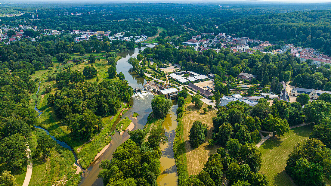 Aerial of Muskau (Muskauer) Park, UNESCO World Heritage Site, Bad Muskau, Saxony, Germany, Europe\n