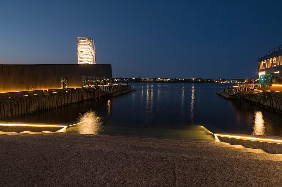 Tidal Beacon art installation, Queens Marque, Downtown Halifax Waterfront at sunset, Halifax, Nova Scotia, Canada, North America\n