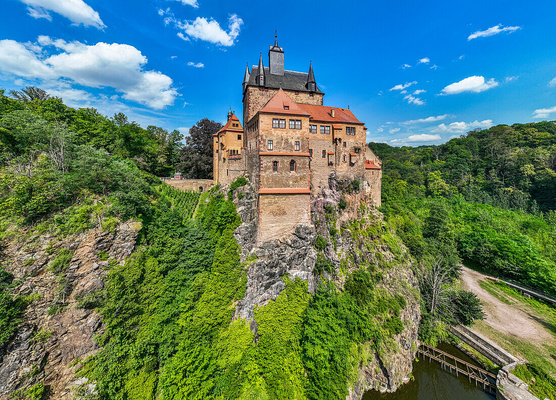 Aerial of Kriebstein Castle, on the Zschopau River, Kriebstein, Saxony, Germany, Europe\n