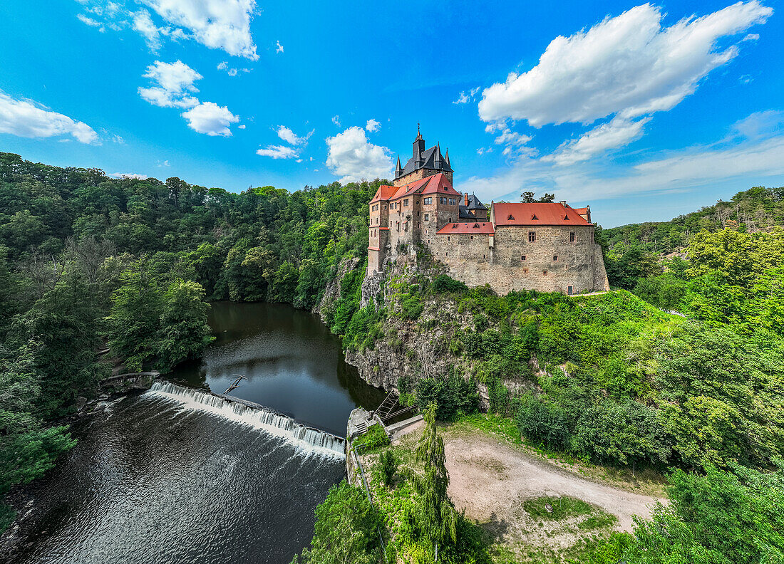 Aerial of Kriebstein Castle, on the Zschopau River, Kriebstein, Saxony, Germany, Europe\n