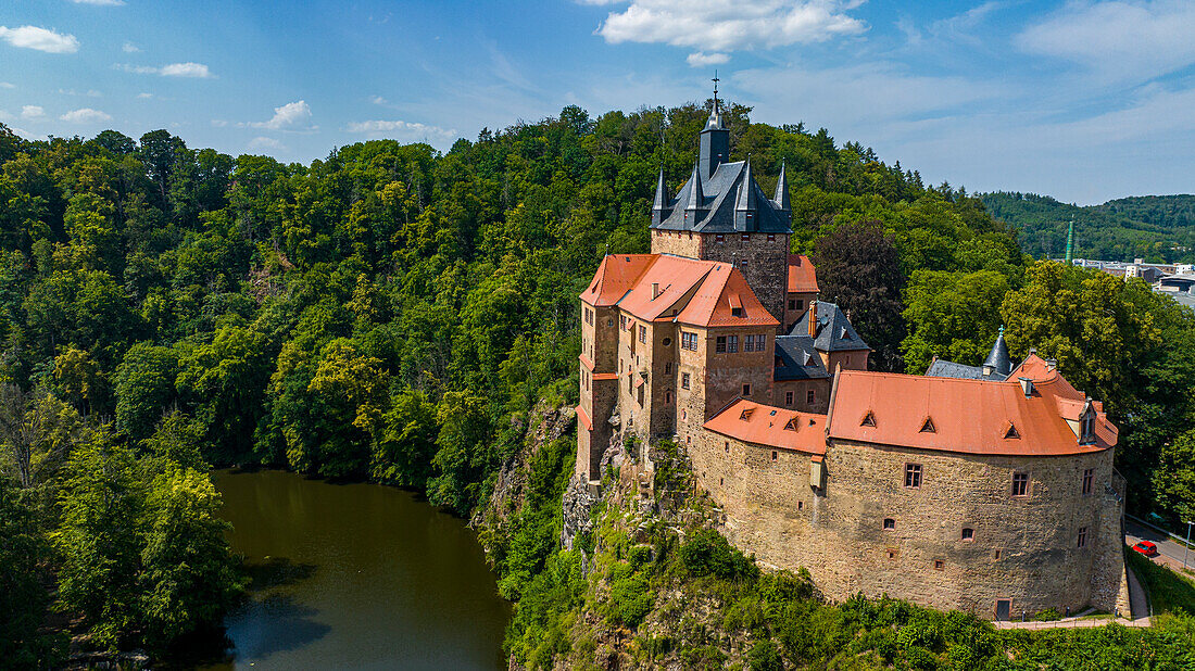 Aerial of Kriebstein Castle, on the Zschopau River, Kriebstein, Saxony, Germany, Europe\n