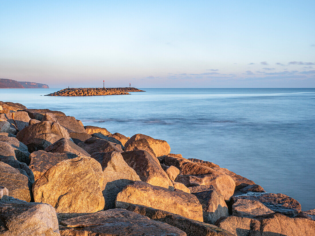 Rock island sea defences, Sidmouth Beach, Sidmouth, Devon, England, United Kingdom, Europe\n