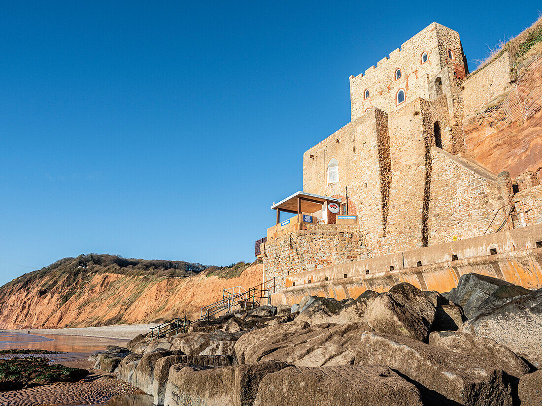 The Clock Tower and cafe, Jacob's Ladder Beach, Sidmouth, Devon, England, United Kingdom, Europe\n