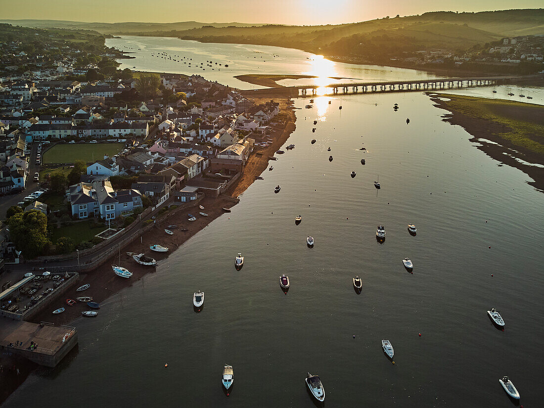 An aerial view of Shaldon, a popular village on the shore of the estuary of the River Teign, near Teignmouth, on the south coast of Devon, England, United Kingdom, Europe\n