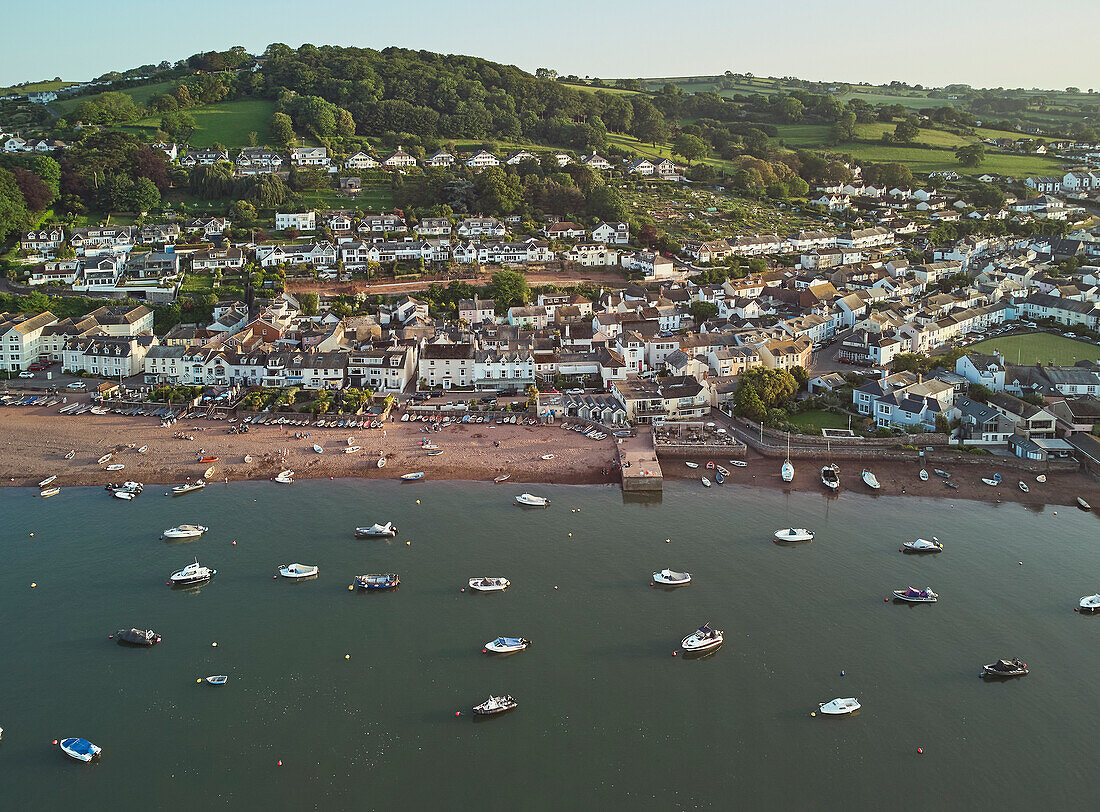 An aerial view of Shaldon, a popular village on the shore of the River Teign estuary, near Teignmouth, south coast of Devon, England, United Kingdom, Europe\n
