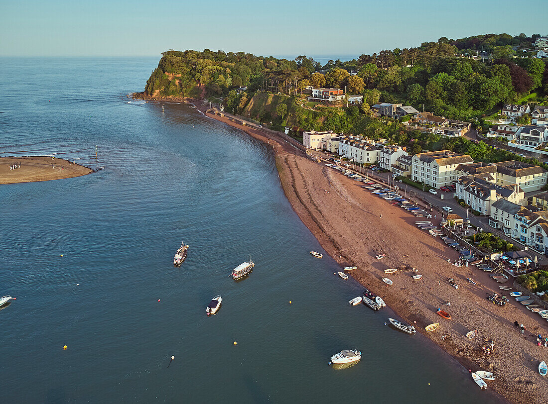 An aerial view of the mouth of the River Teign, looking across to the Ness headland and the village of Shaldon, near Teignmouth, south coast of Devon, England, United Kingdom, Europe\n