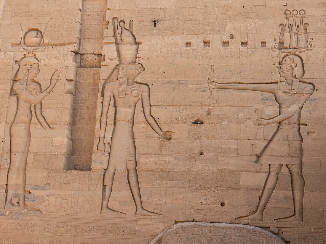 Hieroglyphs at the Philae Temple complex, The Temple of Isis, currently on the island of Agilkia, UNESCO World Heritage Site, Egypt, North Africa, Africa\n