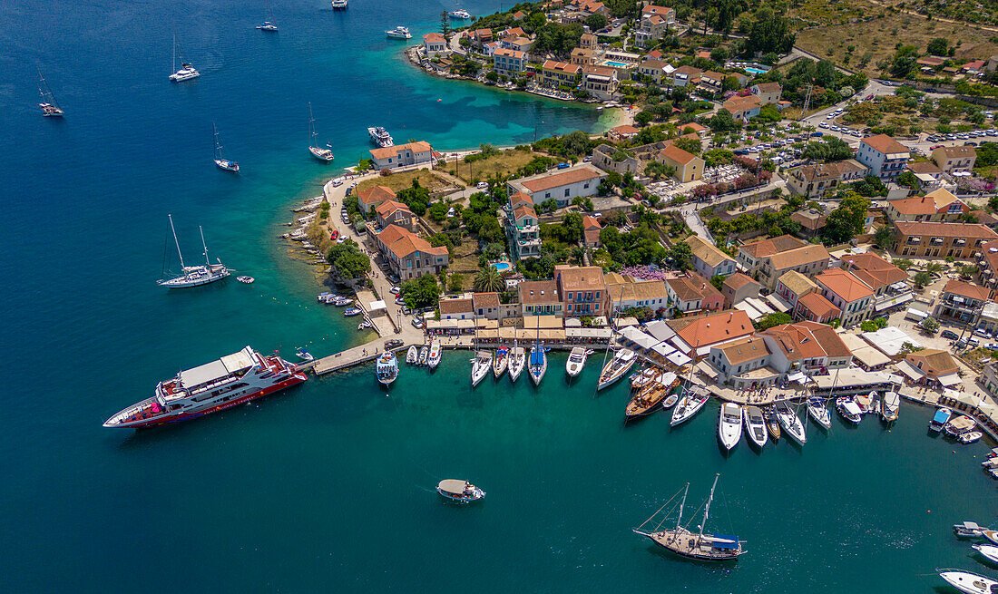 Aerial view of coastline near Zola, Kefalonia, Ionian Islands, Greek Islands, Greece, Europe\n