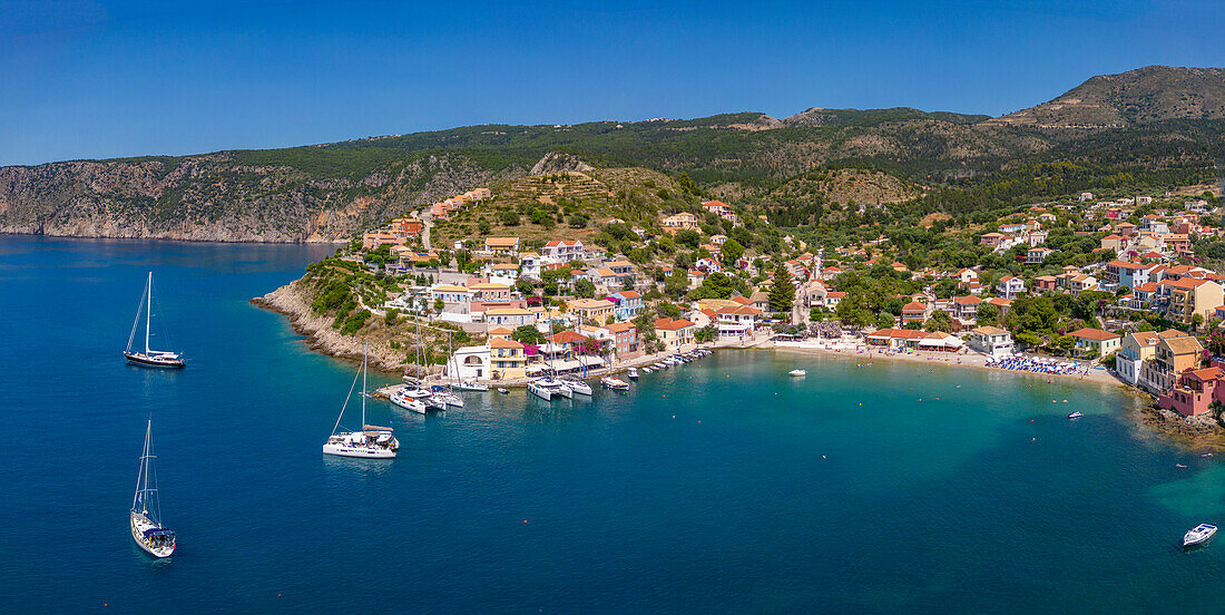 Aerial view of coastline near Zola, Kefalonia, Ionian Islands, Greek Islands, Greece, Europe\n