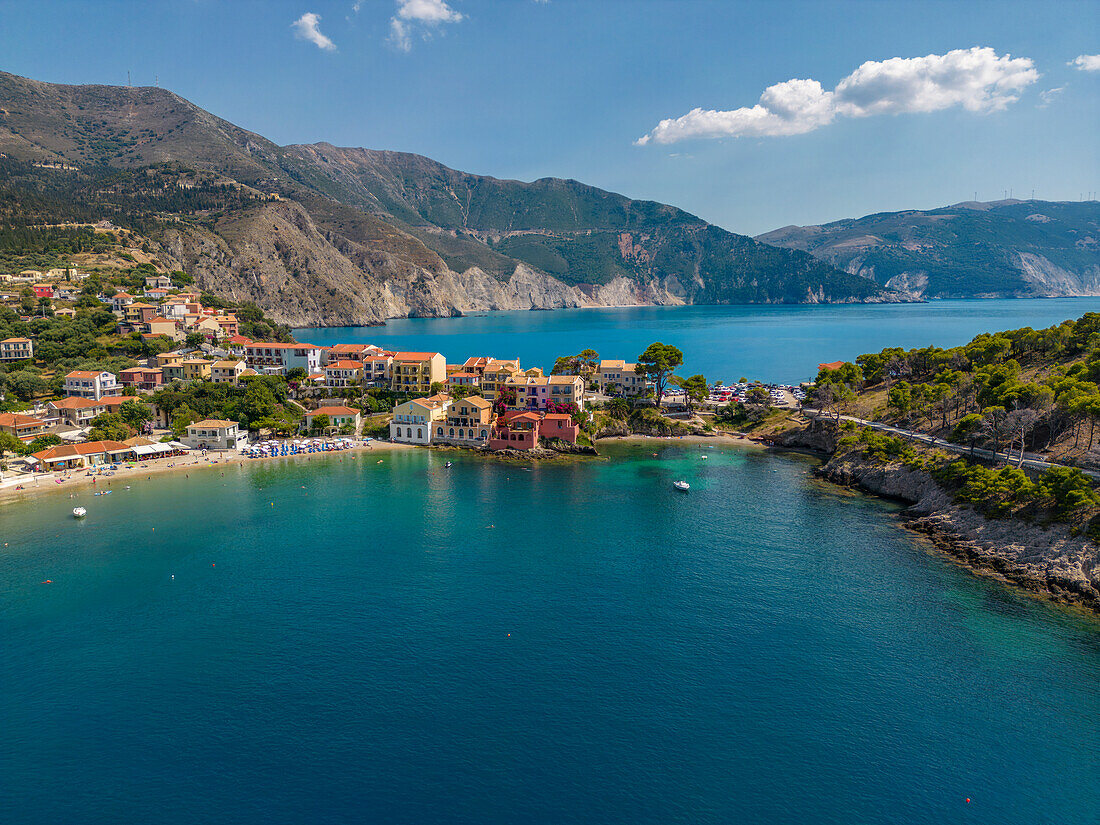 Aerial view of coastline near Zola, Kefalonia, Ionian Islands, Greek Islands, Greece, Europe\n