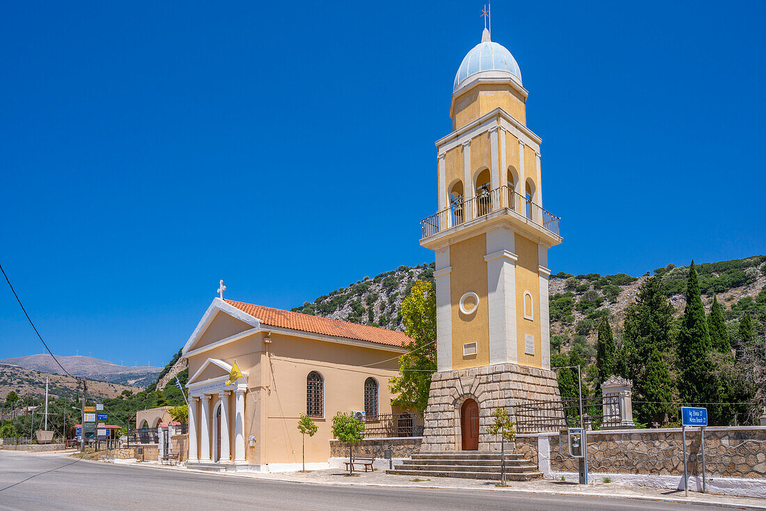 View of Greek Orthodox Church near Argostoli, capital of Cephalonia, Kefalonia, Ionian Islands, Greek Islands, Greece, Europe\n