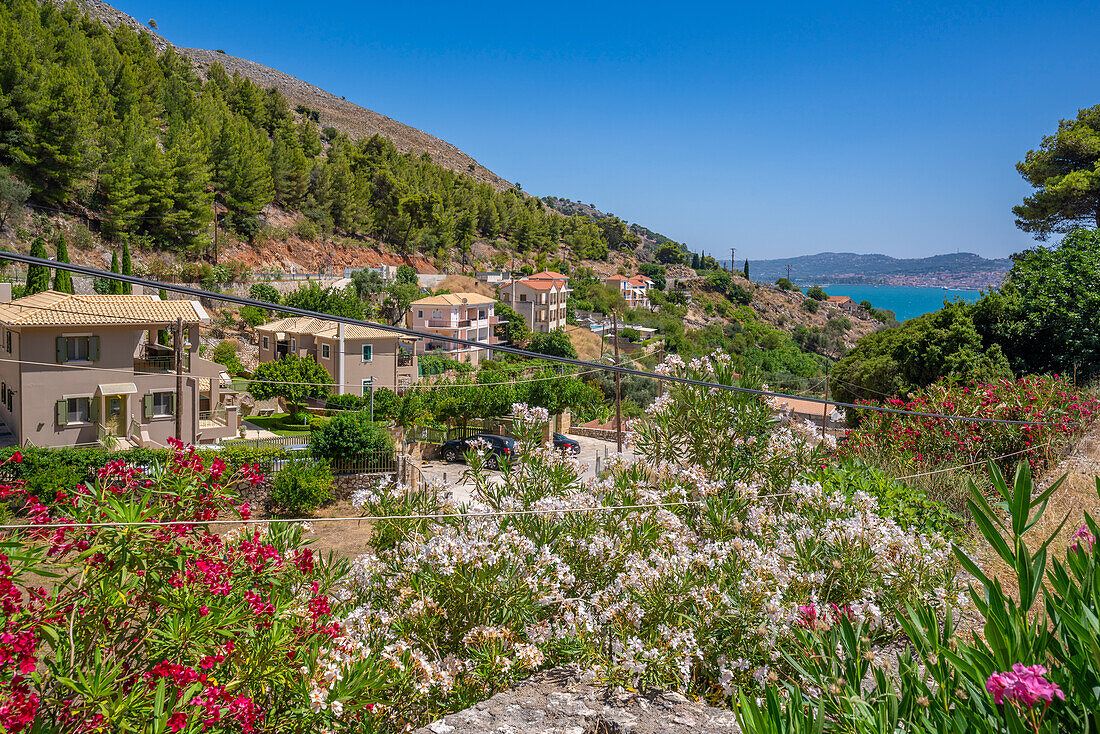 View of coastline and sea from near Kourouklata, Kefalonia, Ionian Islands, Greek Islands, Greece, Europe\n