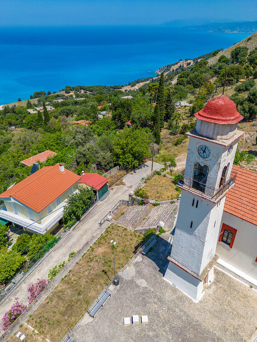 Aerial view of Greek Orthodox Church and coastline near Zola, Kefalonia, Ionian Islands, Greek Islands, Greece, Europe\n