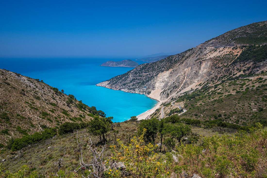 View of Myrtos Beach, coastline, sea and hills near Agkonas, Kefalonia, Ionian Islands, Greek Islands, Greece, Europe\n