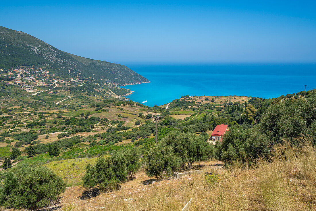 View of coastline, sea and hills near Agkonas, Kefalonia, Ionian Islands, Greek Islands, Greece, Europe\n