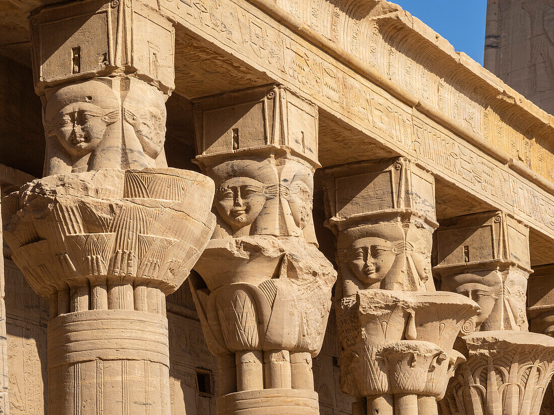 Columns at the Philae temple complex, The Temple of Isis, currently on the island of Agilkia, UNESCO World Heritage Site, Egypt, North Africa, Africa\n