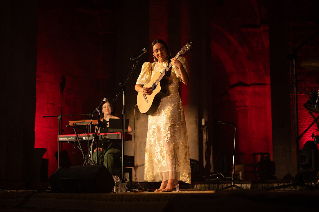 Spanish singer-songwriter Valeria Castro, one of the promising women that have emerged in recent years in the Spanish folklore scene, performs in Veruela Summer Festival 2023, Zaragoza, Spain\n