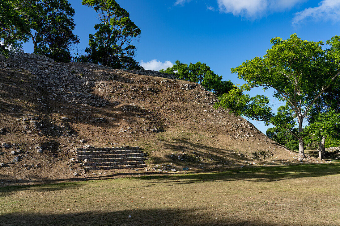 Structure A6, a mostly unexcavated ruin in Plaza A in the Altun Ha Archeological Reserve, Belize.\n