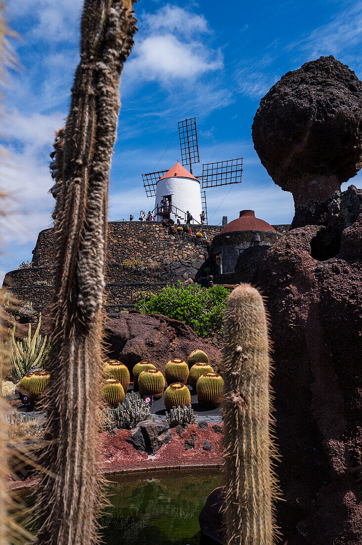 The Jardin de Cactus (Cactus garden) is a wonderful example of architectural intervention integrated into the landscape, designed by Cesar Manrique in Lanzarote, Canary Islands, Spain\n