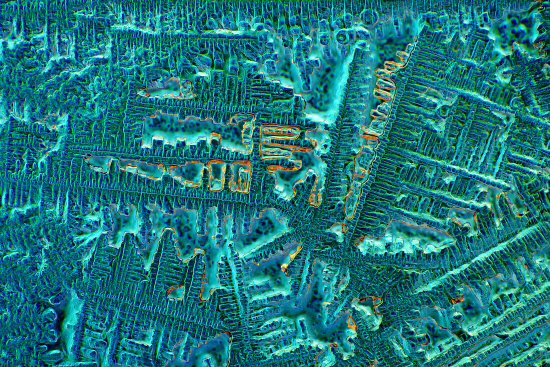 The image presents crystallized soy sauce, photographed through the microscope in polarized light at a magnification of 100X\n